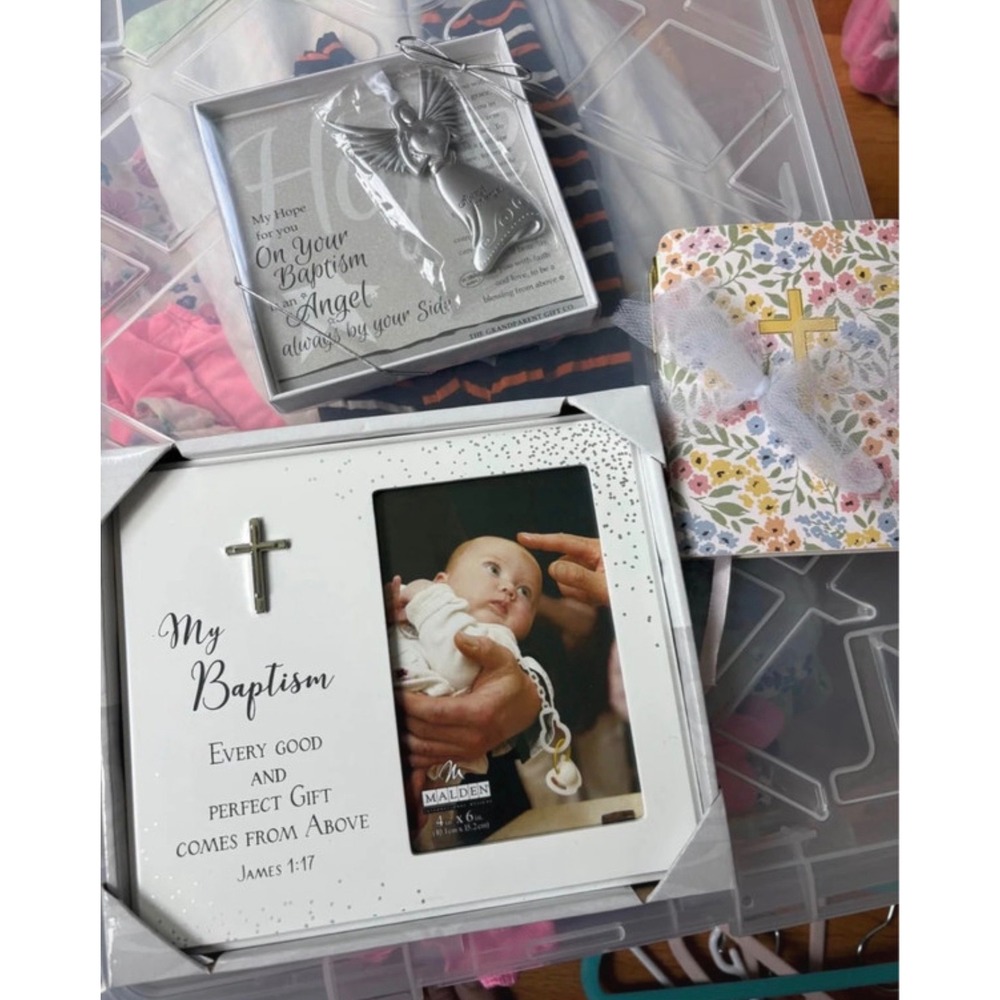 Baptism gift bundle with frame, journal, and metal angel